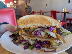 "Kind of a big dill" weekly grilled cheese special (vegan) at Spacecat V-stro in Ferndale