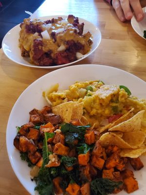 Loaded chili potatoes & Migas at Spacecat V-stro in Ferndale