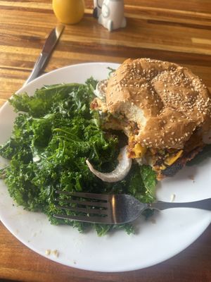 Chili Cheese Burger and warm garlic greens (all vegan)   at Spacecat V-stro in Ferndale