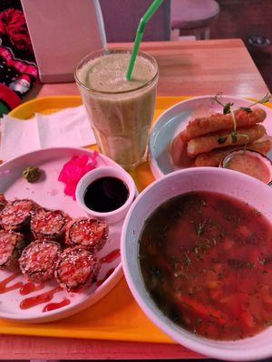 "Fish" soup with tofu and nori, mozzarella sticks, smoothie, and some makis at Loving Hut - St Kuznetsky Mos in Moscow