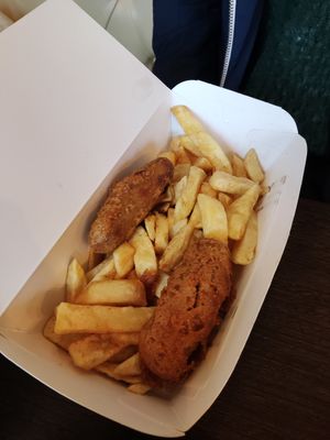 Vegan sausage and chips at Mr Chippy in York