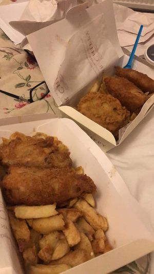 vegan fish & chips (left) & vegan fish cake w/ vegan fish and chips (right  at Mr Chippy in York