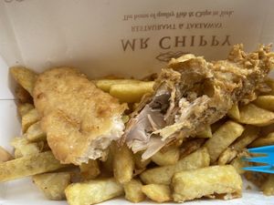 Pea based fish (left) and banana blossom(right)   at Mr Chippy in York