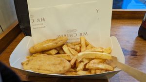 vegan fish and chips (pea protein) at Mr Chippy in York