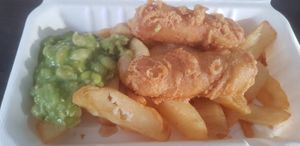 Chips, sausages and mushy peas (vg) at Mr Chippy in York