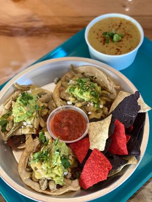 Vegan Cactus Tacos + Vegan Queso  at AquaSol Waterfront Eatery + Bar in Pagosa Springs