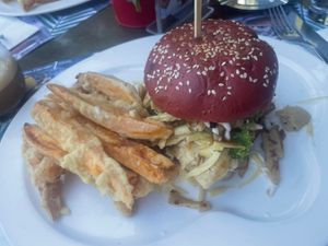 Vegan pulled chicken burger with sweet potato fries   at The Brewery in Larnaca