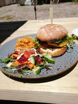 Burger, served with sweet mash and salad at Moon To Moon in Mount Victoria