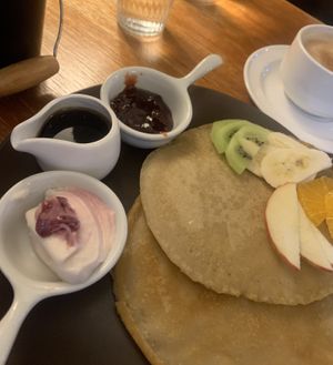 Today’s Special: Pancakes with fruit, jam, maple syrup & coconut yogurt   at Moon To Moon in Mount Victoria