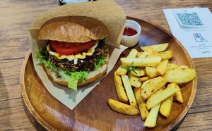 Teriyaki burger (comes with fries) at Sonu Sonu in Fukuoka