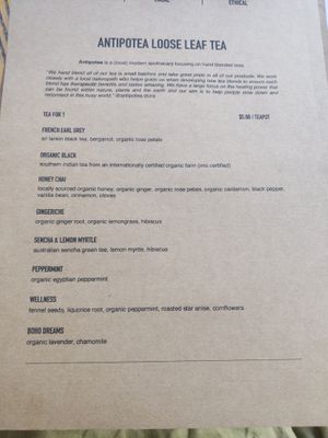 Tea menu at Wild and Woods in Dunsborough