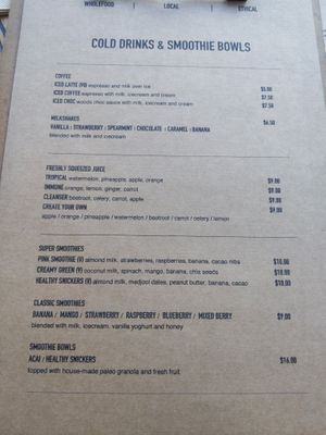 Cold drinks and smoothie menu at Wild and Woods in Dunsborough