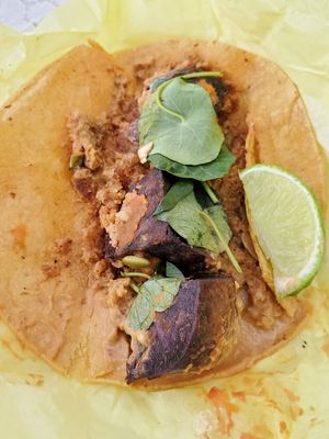 Camote purple potato taco at Taco Vega in Los Angeles