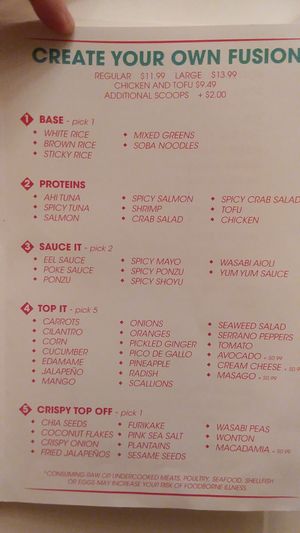 Create your own fusion bowl, section of menu at Poke Fusion in Fort Myers