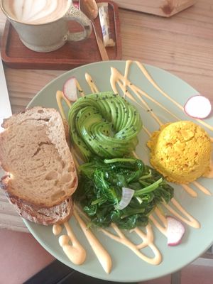 Tofu scramble with avocado and spinach at The Conscious Kitchen - Kloof St in Cape Town