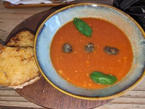 Tomato soup (comes with meatballs and a vegan cheese toastie) at The Conscious Kitchen - Kloof St in Cape Town