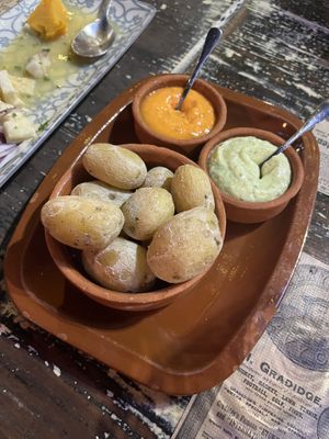 Papas arrugadas, las salsas buenísimas!  at 13 Bistrot in Fuerteventura
