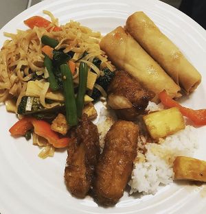 Spicy basil noodles, spring rolls, sweet and sour tofu  at Wok Your Way in Dartmouth