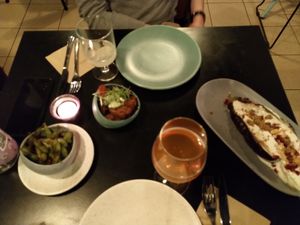 edamame beans, oyster mushroom wings & aubergine/eggplant with whipped tahin at Superkelly in Ghent