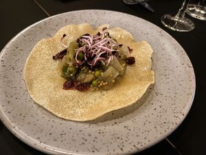 Papadum / prei / auberginekaviaar / veenbes at Superkelly in Ghent