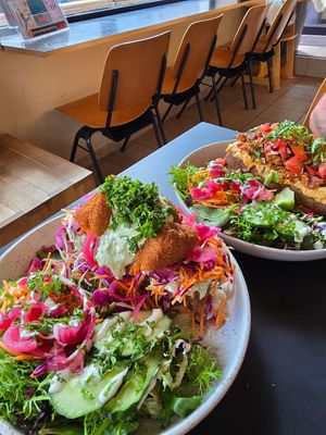 Lunch. Toast vegan cheese croquettes and toast jackfruit at Superkelly in Ghent