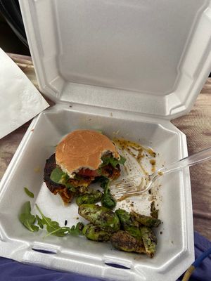 Black bean burger and Brussels! Also strawberry cake   at Screaming Vegan in Roanoke