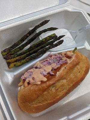 Oyster mushroom po boy and asparagus HIGHLY RECOMMEND at Screaming Vegan in Roanoke