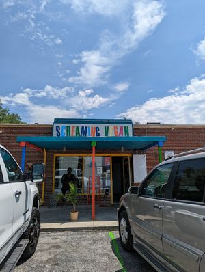 Fun storefront and I was greeted by this kindly gentleman :) at Screaming Vegan in Roanoke