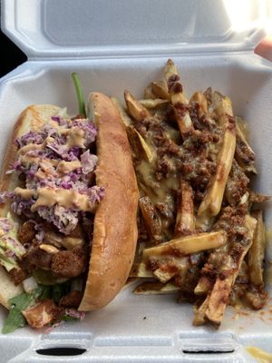Oyster mushroom po boy and chili cheese fries combo  at Screaming Vegan in Roanoke