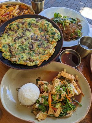 Duk_Bokki, sweet potato noodles, pancake, and tofu bulgogi at  Sanwiye Korean Cafe in Katoomba