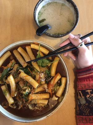 dukbokki and miso soup at  Sanwiye Korean Cafe in Katoomba