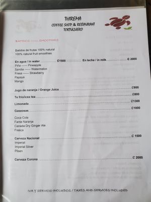 Menu page 3: Smoothies and other beverages at Thirema Coffee Shop and Restaurant in Tortuguero