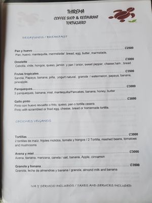 Menu page 4: Vegan breakfast options at Thirema Coffee Shop and Restaurant in Tortuguero