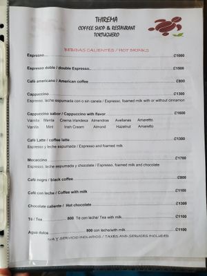 Menu page 1: Hot drinks at Thirema Coffee Shop and Restaurant in Tortuguero