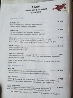 Menu page 5: Vegan main options at Thirema Coffee Shop and Restaurant in Tortuguero