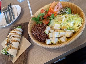 Tofu bowl and vegan bite size wrap 3 at Prima Caju in Funchal