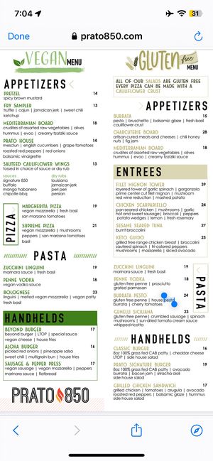 Vegan menu 7/2024  at Prato 850 in Commack