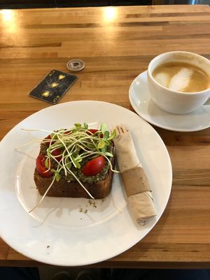 Toast with pesto tomato and sprouts   at Twenty Below Coffee Co in Moorhead