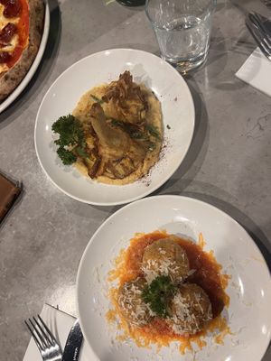 Vegan artichoke and vegan arancini balls  at Antica in New Farm