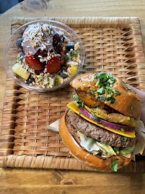 Vegan burger and açaí  at Purple Ocean Superfood Bar in Orlando
