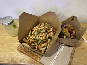 Ginger lemonade, Chatarra fries, Domes burger at Purple Ocean Superfood Bar in Orlando