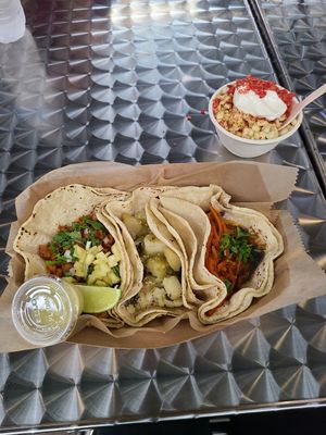 From left to right: Al Pastor, Papas, Tinga and Esquites at Succulent Vegan Tacos in Nashville