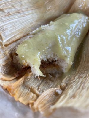 Jackfruit tamale with sauce at Succulent Vegan Tacos in Nashville