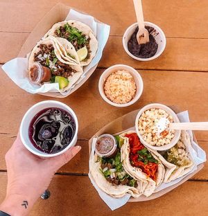 Tacos, rice, beans, esquite and agua fresca at Succulent Vegan Tacos in Nashville