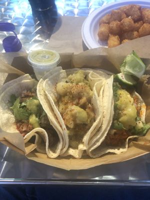 Asada on the left, center is potato and Al Pastor on the right.  at Succulent Vegan Tacos in Nashville