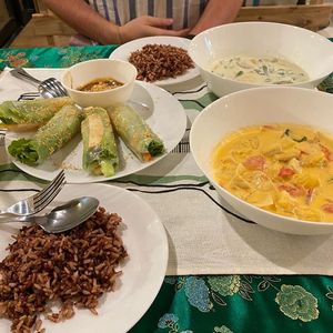 Fresh spring rolls, green curry and pineapple curry  at Reach Plant Based Kitchen in Phuket