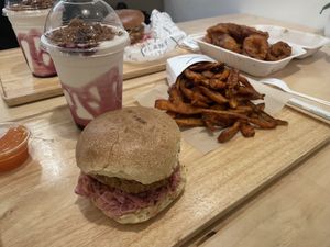 Fried chik sandwich, blueberry cheesecake milkshake, sweet potato fries, and onion rings!  at Plant City X in Middletown
