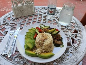 Typical Dominican plate, 'La Bandera', 'the Flag'. Rice and beans, here white ones and mixed with the rice, this is called 'Moro'. 
Vegetables instead of meat.
Avocados.  at EatWise in Santo Domingo