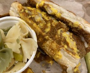 Oki Dawg w/ pasta salad side at Fatty Vegan in Ventura