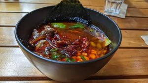 Bowl of spicy vegan ramen at Ramen Ria  in Christchurch
